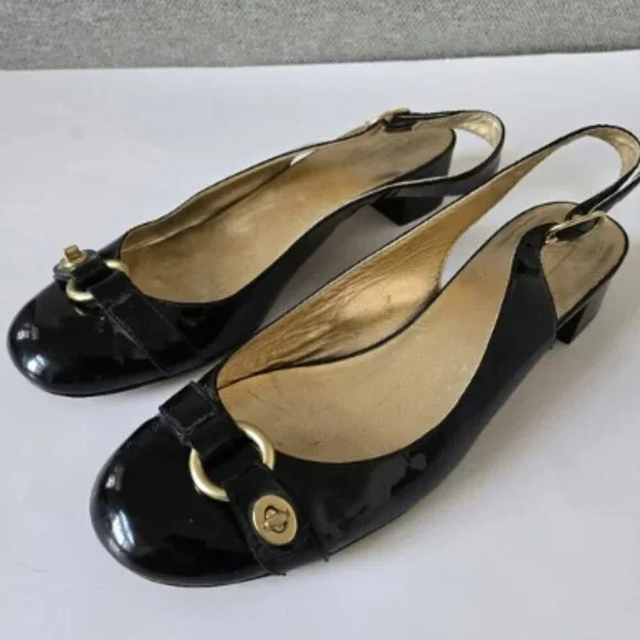 Coach Patent Leather Octava Low Heels Slingback Turnlock Black Size 7.5 - Picture 1 of 14